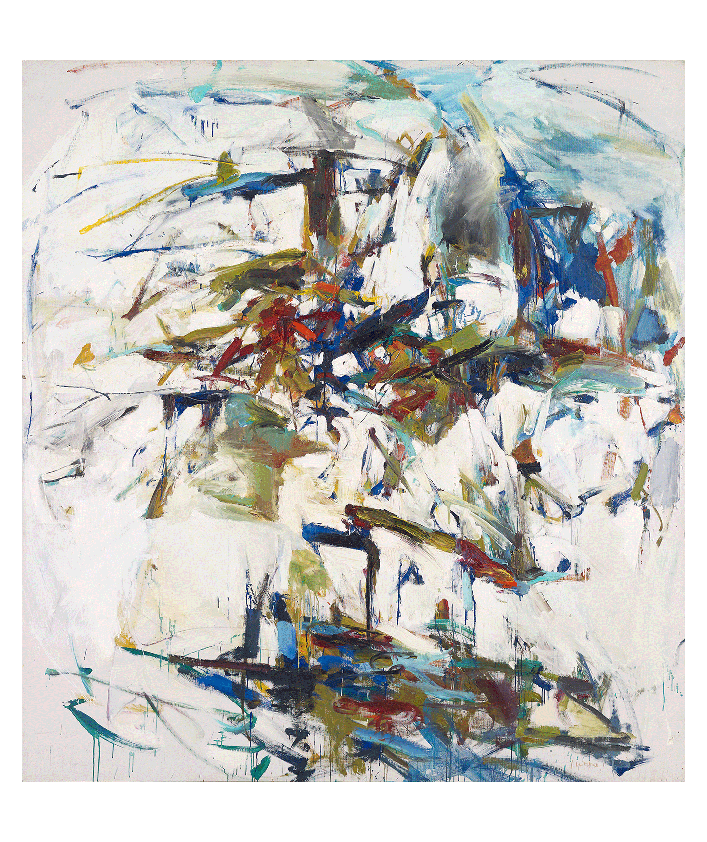 A painting by Joan Mitchell, titled George Went Swimming at Barnes Hole, but it Got Too Cold, dated 1957.